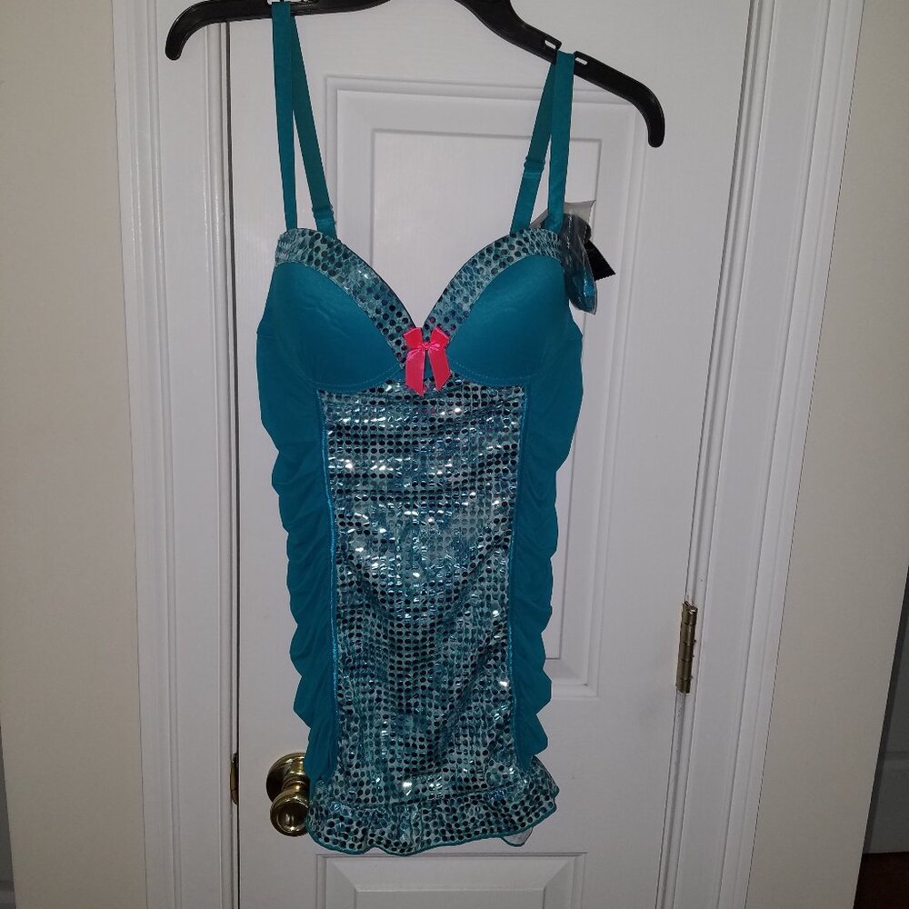 Passion Forever Bustier Embelished Slip Lingerie XL TealColor Silver Sequin NWT